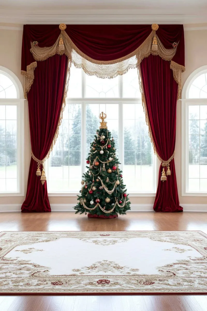 regal red velvet curtains framing a lavish tree topped with jeweled crowns 1 regal red velvet curtains framing a lavish tree topped with jeweled crowns 1