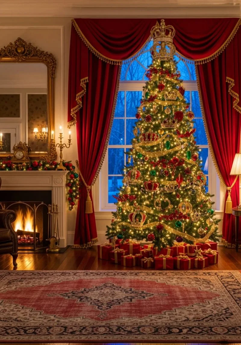 regal red velvet curtains framing a lavish tree topped with jeweled crowns 1 regal red velvet curtains framing a lavish tree topped with jeweled crowns 1