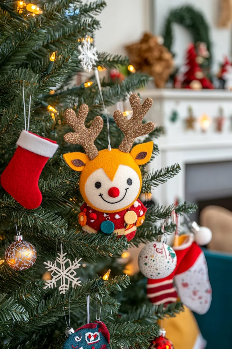 reindeer face ornaments with felt antlers and jingle bell collars 1