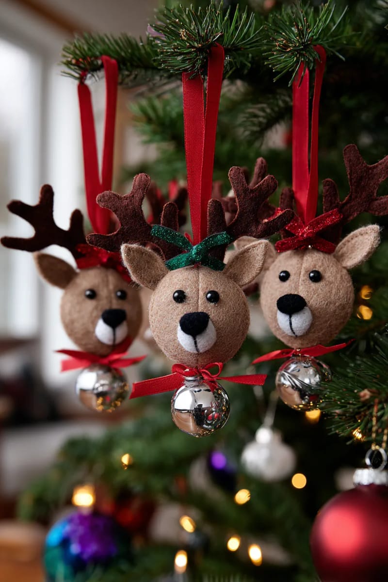 reindeer face ornaments with felt antlers and jingle bell collars 1