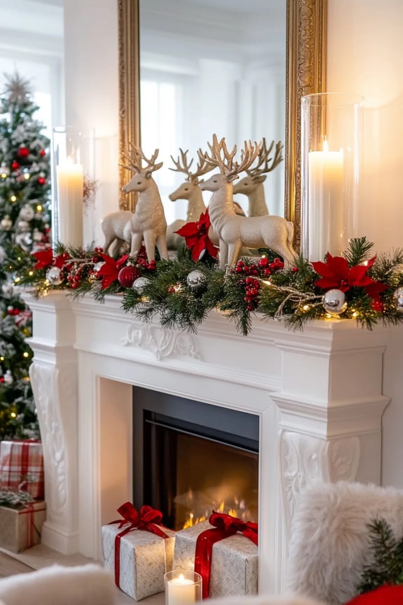 29 Stylish Christmas Mantle Decor Ideas to Inspire Your Home 18 reindeer figurines nestled between glass candle hurricanes 1