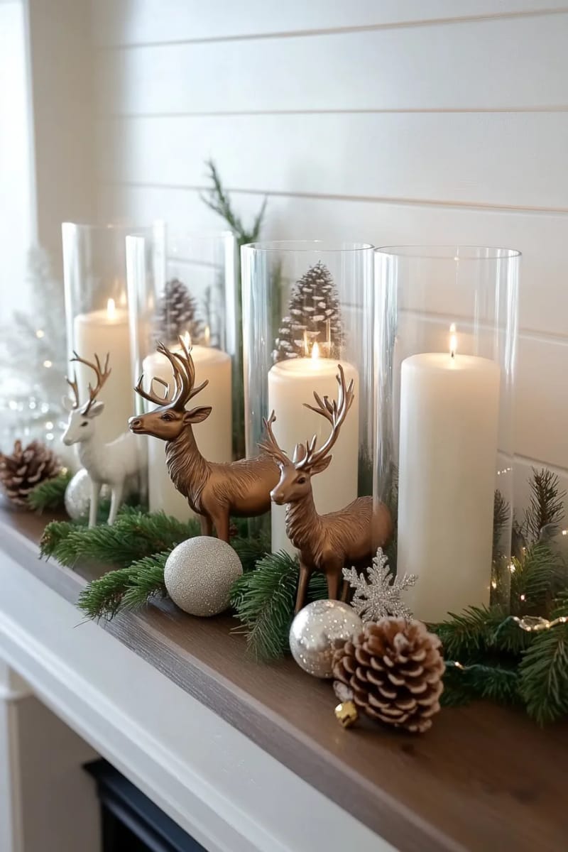 29 Stylish Christmas Mantle Decor Ideas to Inspire Your Home 19 reindeer figurines nestled between glass candle hurricanes 1