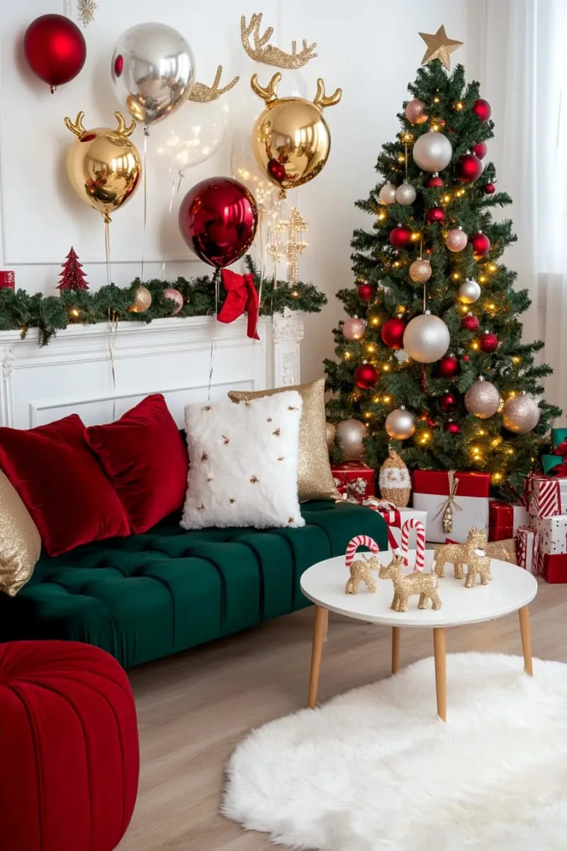 29 Elegant Christmas Party Decor Ideas to Copy This Year 127 reindeer-shaped balloons scattered across the room for playful party spirit 1