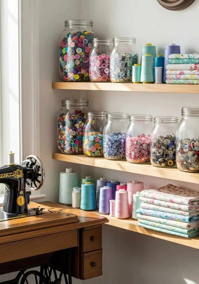 15 Sewing Room Organization Ideas to Declutter and Inspire Creativity 28 repurposed glass jars on wooden ledges for button and embellishment sorting 1