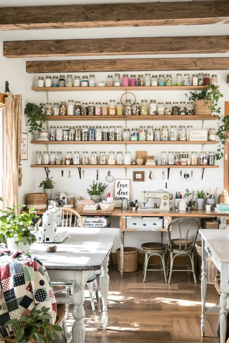 15 Sewing Room Organization Ideas to Declutter and Inspire Creativity 29 repurposed glass jars on wooden ledges for button and embellishment sorting 1
