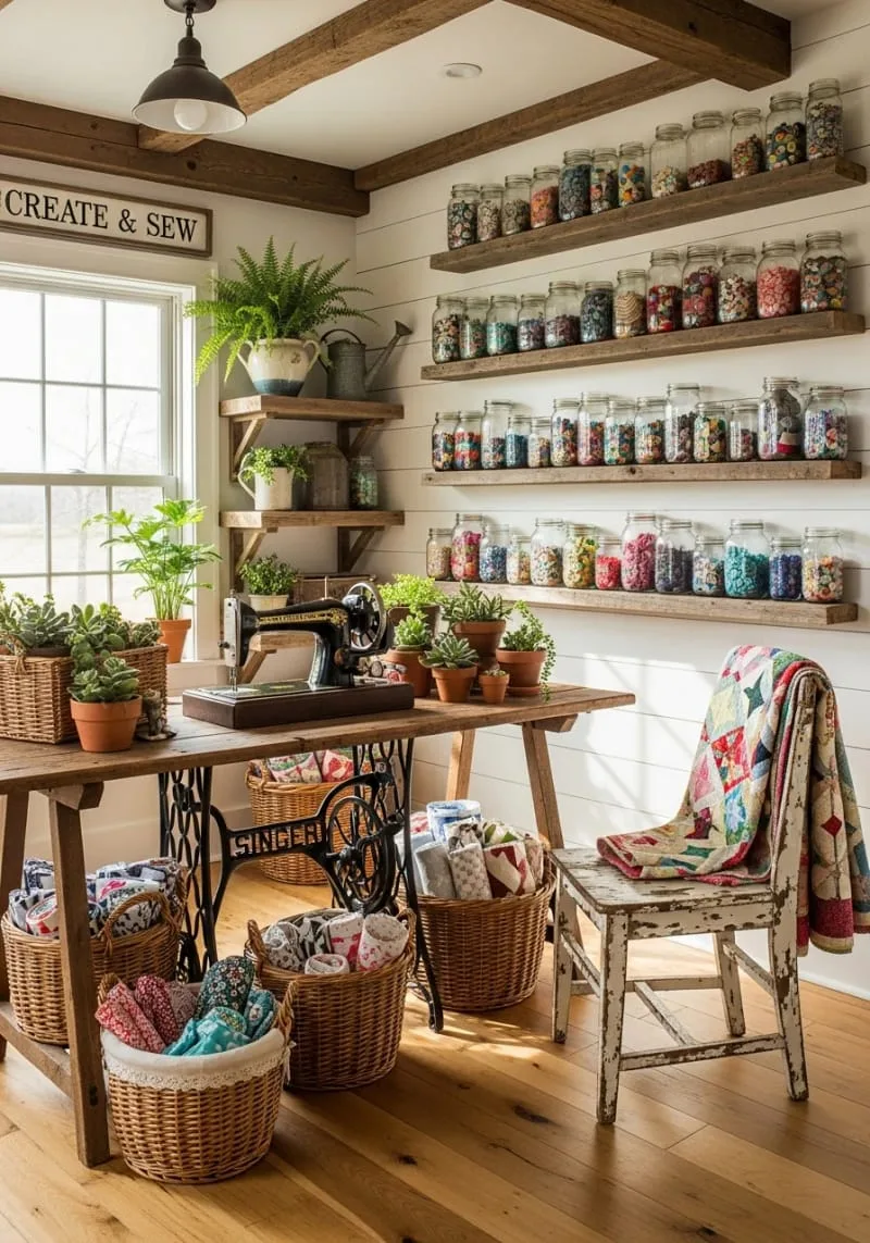 15 Sewing Room Organization Ideas to Declutter and Inspire Creativity 32 repurposed glass jars on wooden ledges for button and embellishment sorting 1