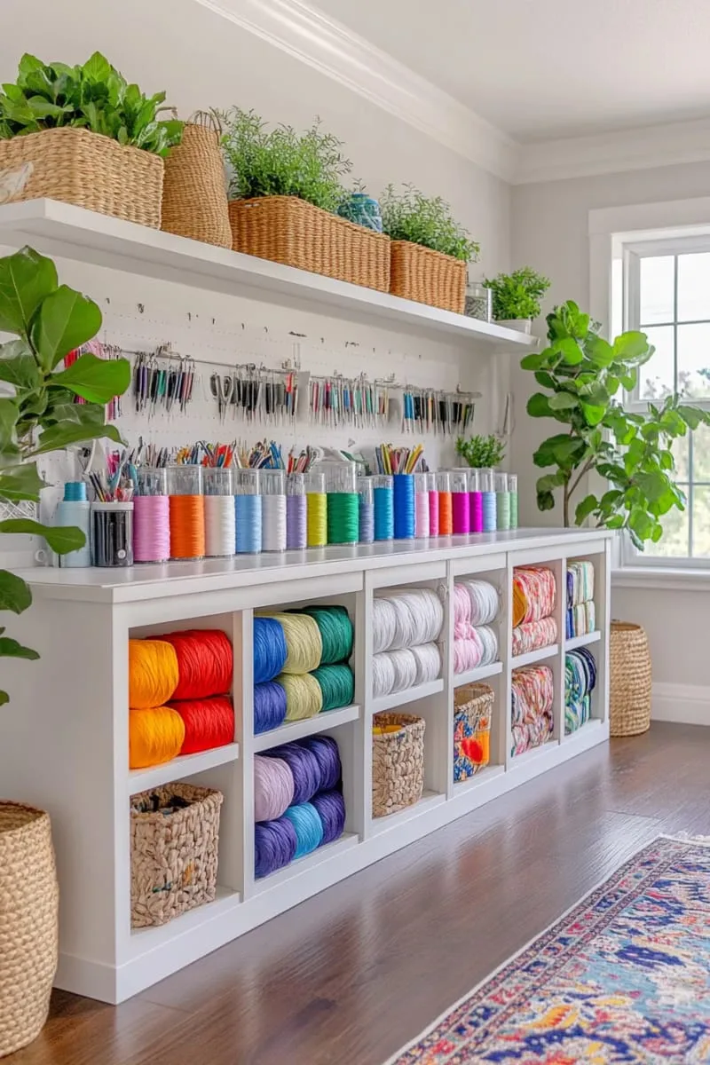 15 Sewing Room Organization Ideas to Declutter and Inspire Creativity 12 repurposed ikea kallax cubes for fabric stacks and vintage basket storage 1