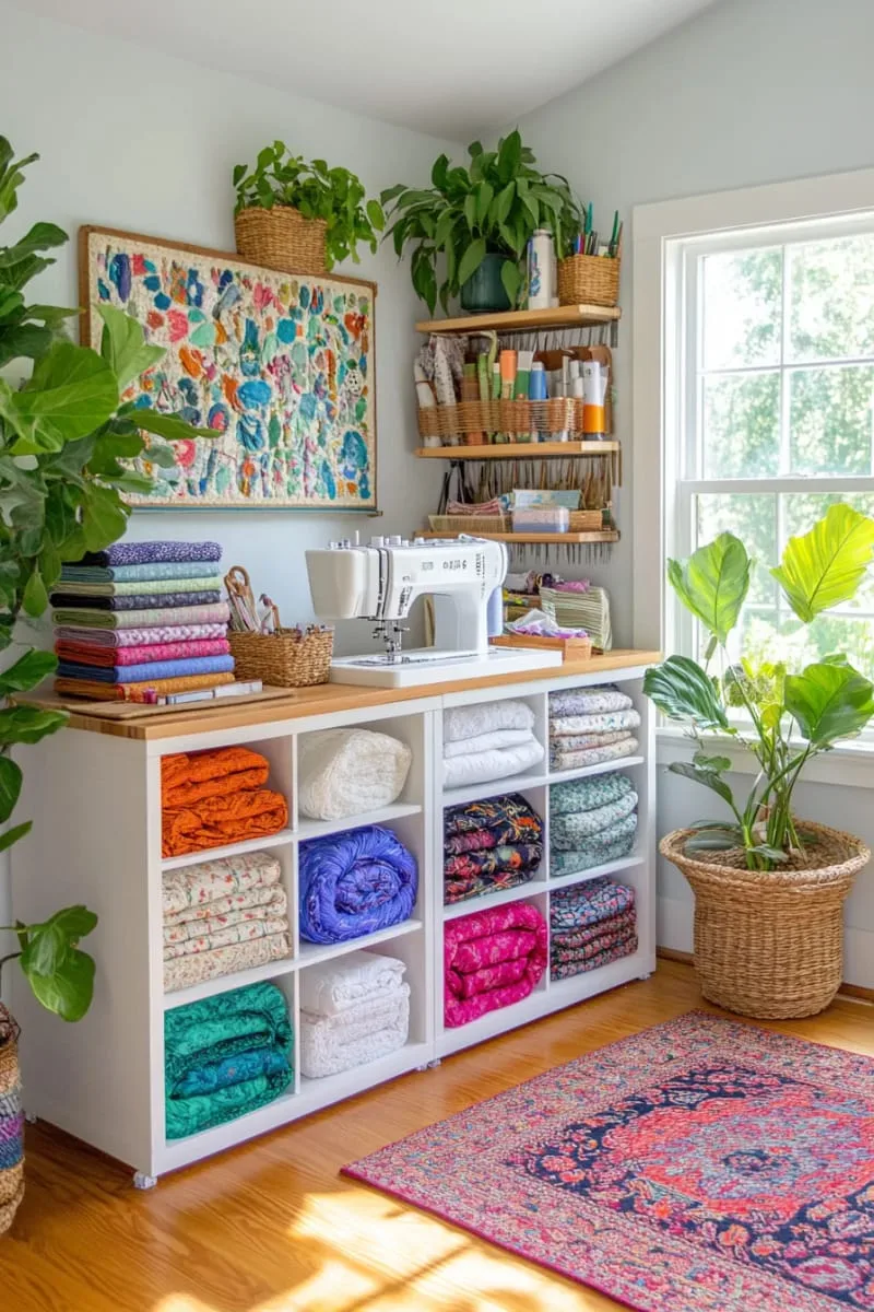 15 Sewing Room Organization Ideas to Declutter and Inspire Creativity 13 repurposed ikea kallax cubes for fabric stacks and vintage basket storage 1