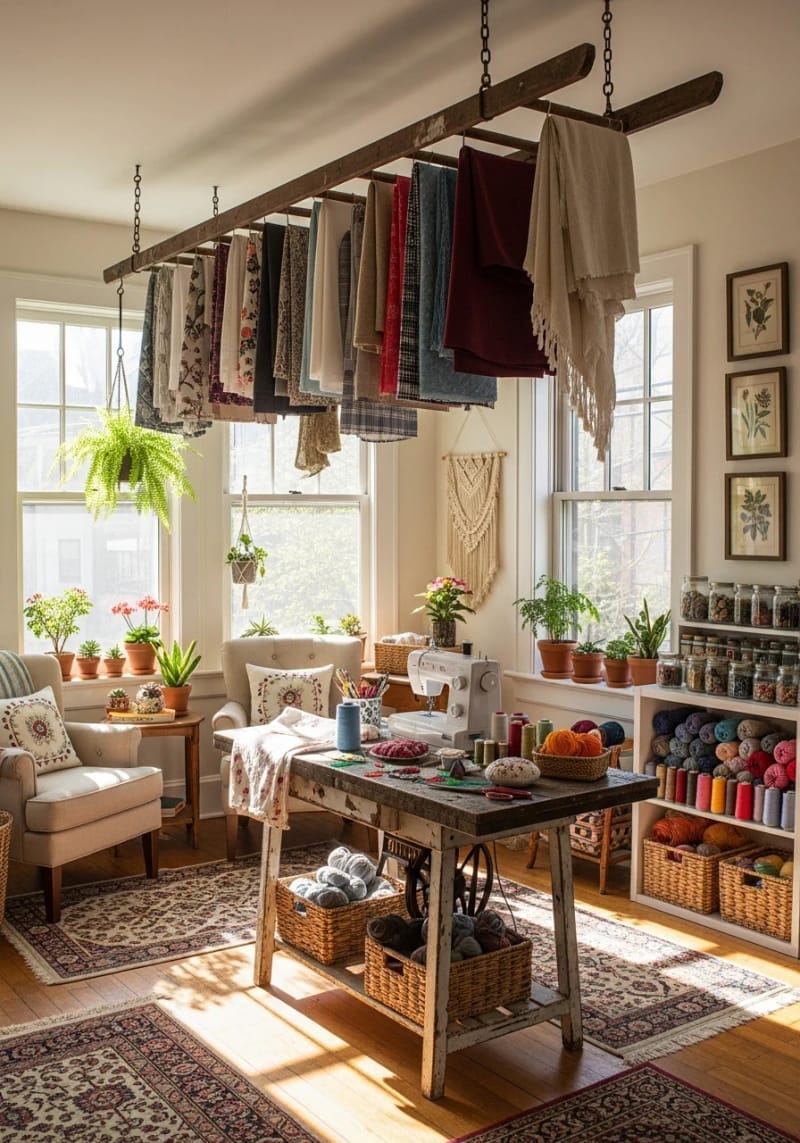 repurposed ladder as fabric hanger and display rack 1