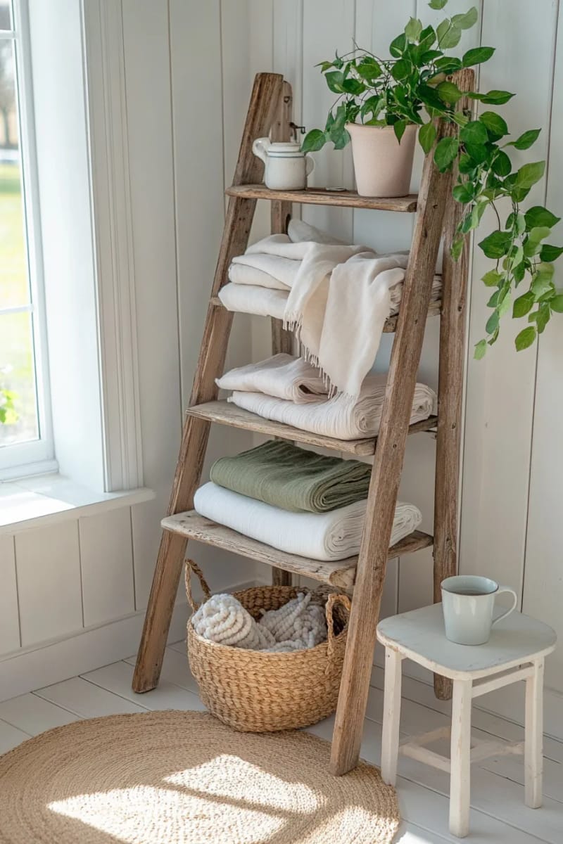 repurposed ladder as fabric hanger and display rack 1