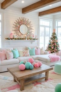 23 Kitsch Christmas Decor Ideas Full of Color, Whimsy, and Cheer 1 retro atomic starburst mirror surrounded by pastel christmas ornaments 52