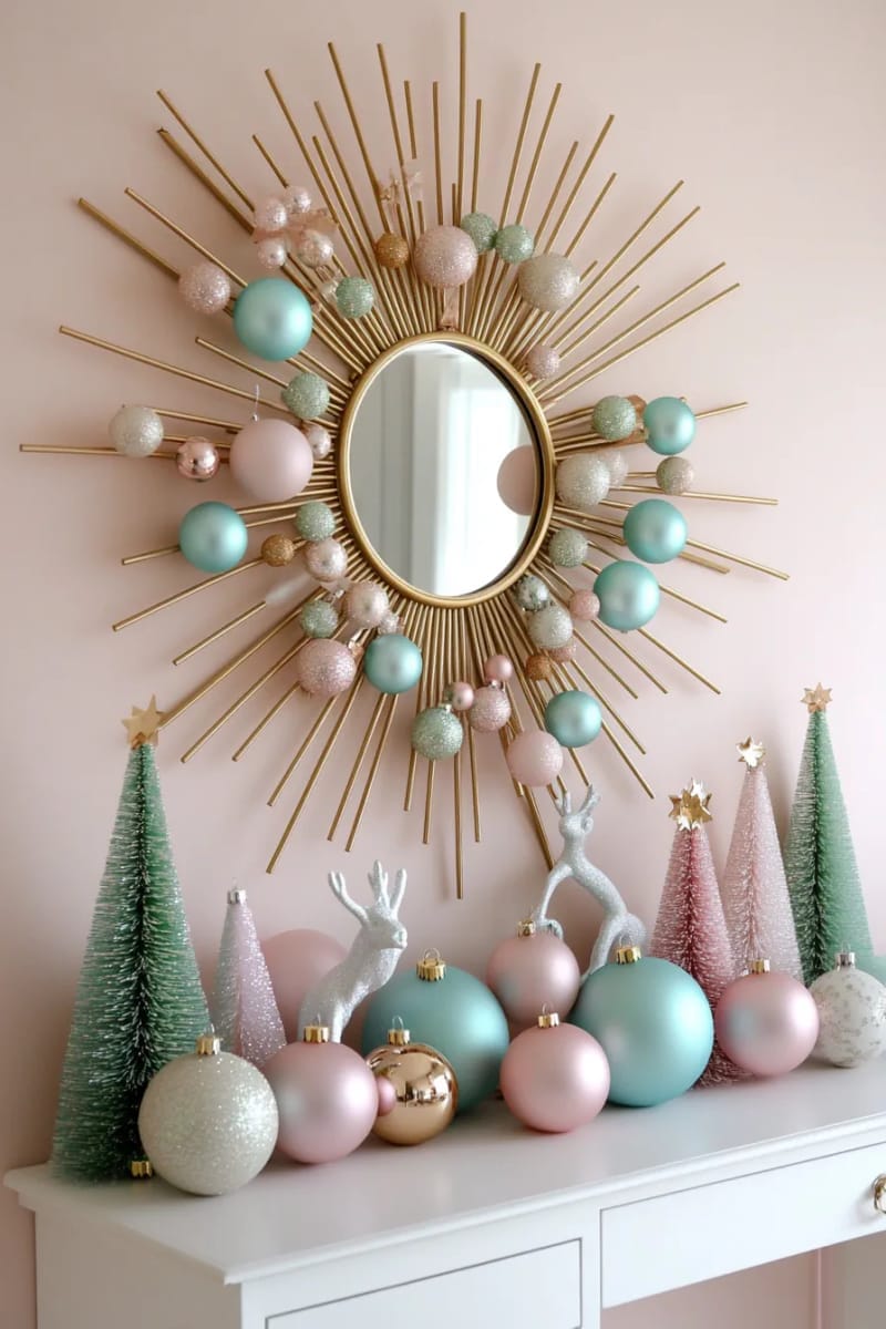 23 Kitsch Christmas Decor Ideas Full of Color, Whimsy, and Cheer 55 retro atomic starburst mirror surrounded by pastel christmas ornaments 1