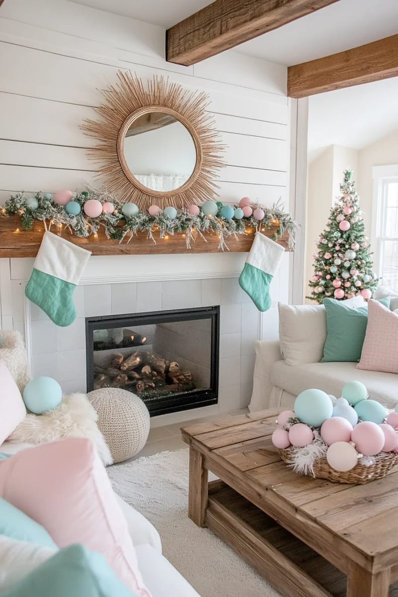 23 Kitsch Christmas Decor Ideas Full of Color, Whimsy, and Cheer 56 retro atomic starburst mirror surrounded by pastel christmas ornaments 1