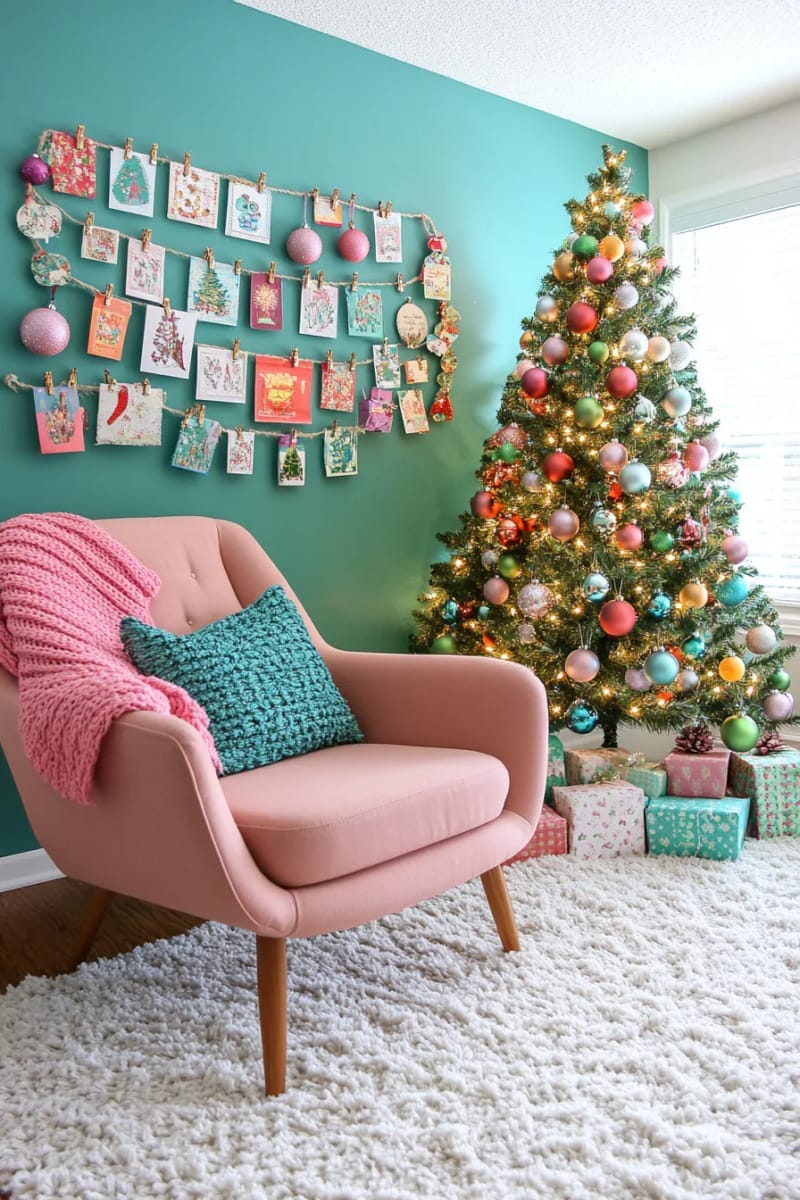 23 Kitsch Christmas Decor Ideas Full of Color, Whimsy, and Cheer 29 retro christmas card display clipped on pastel string lights 1
