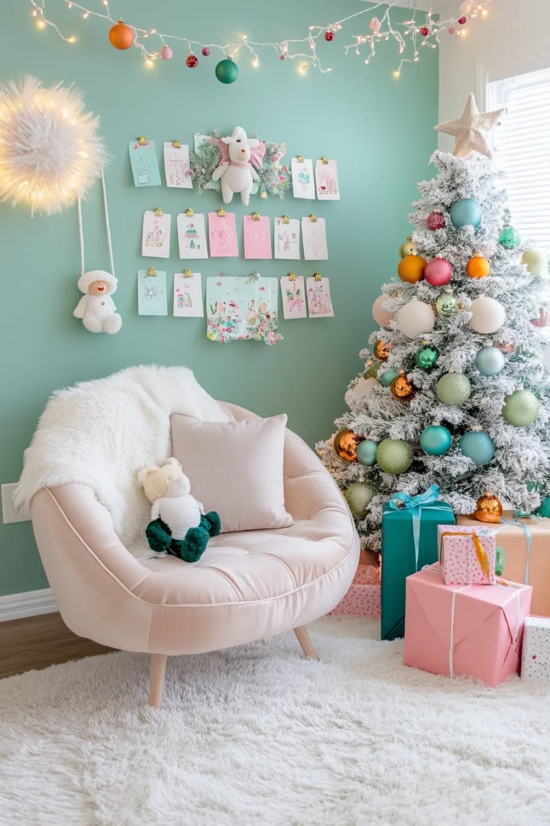 23 Kitsch Christmas Decor Ideas Full of Color, Whimsy, and Cheer 30 retro christmas card display clipped on pastel string lights 1