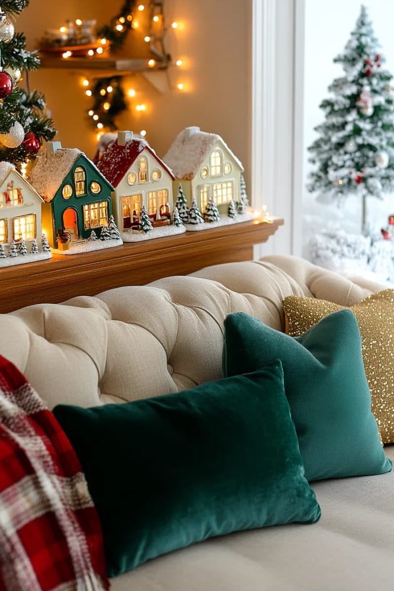 27 Vintage Christmas Decorations You'll Love 14 retro christmas village houses with glowing windows and snowy rooftops 1
