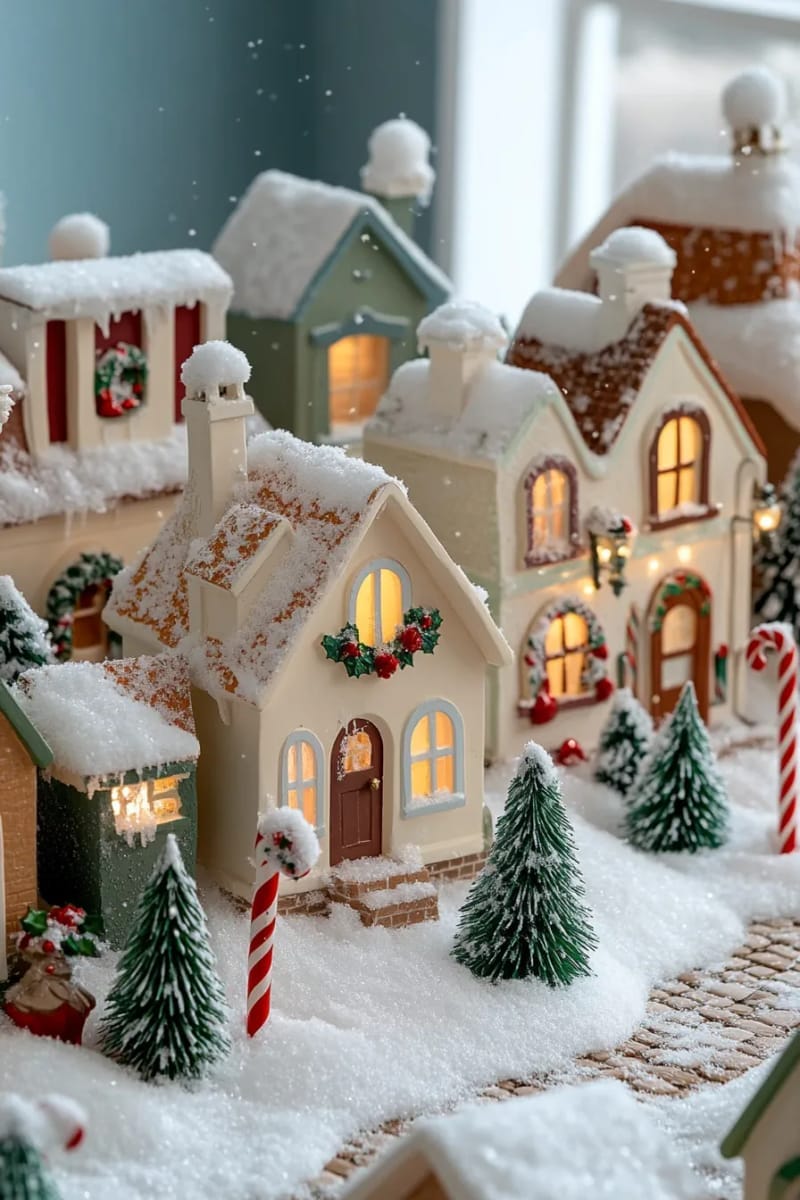 27 Vintage Christmas Decorations You'll Love 15 retro christmas village houses with glowing windows and snowy rooftops 1