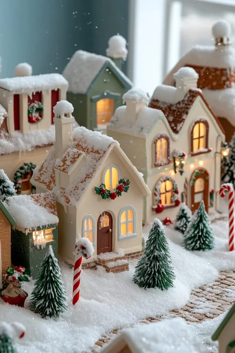 27 Vintage Christmas Decorations You'll Love 14 retro christmas village houses with glowing windows and snowy rooftops 1