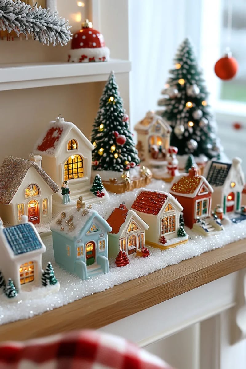 27 Vintage Christmas Decorations You'll Love 16 retro christmas village houses with glowing windows and snowy rooftops 1