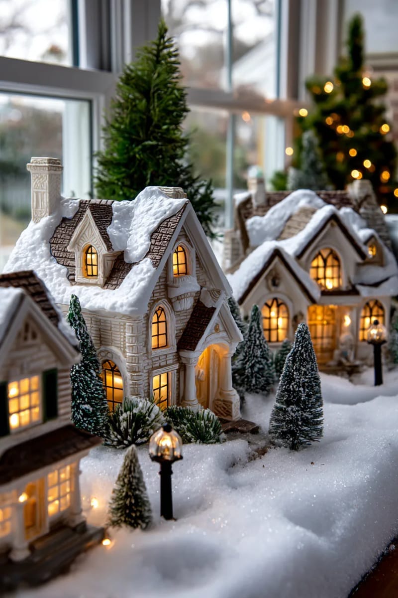 27 Vintage Christmas Decorations You'll Love 17 retro christmas village houses with glowing windows and snowy rooftops 1