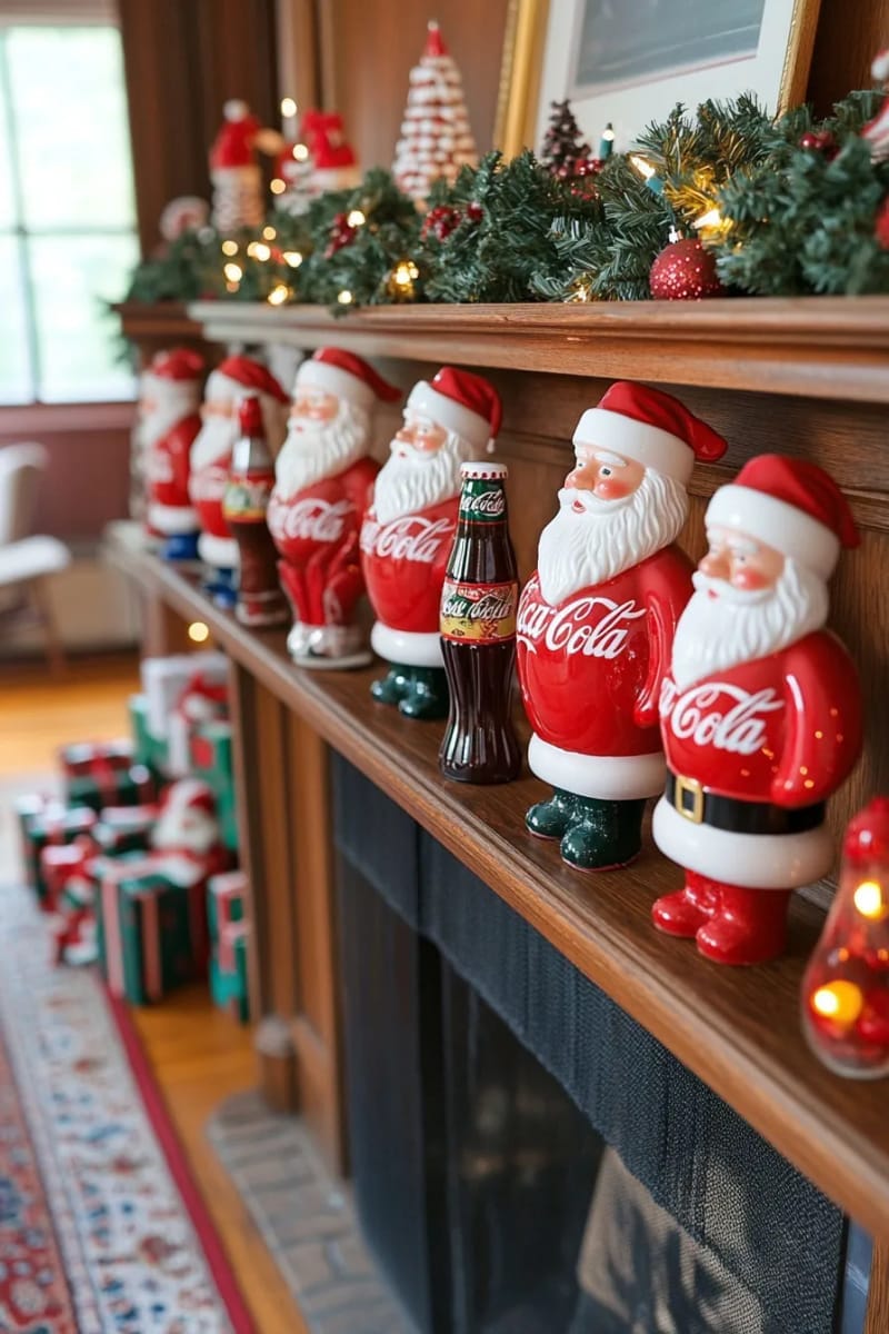27 Vintage Christmas Decorations You'll Love 47 retro coca-cola santa figurines surrounded by twinkling fairy lights 1