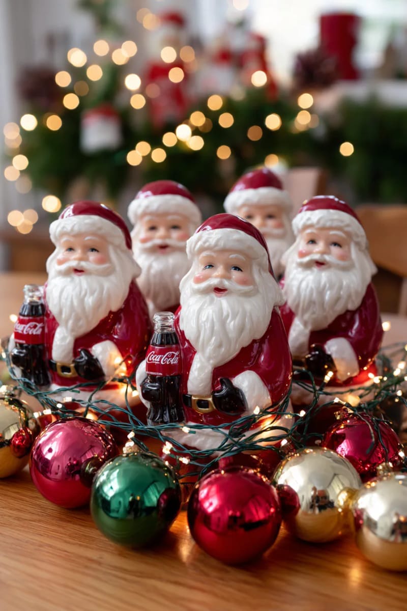 27 Vintage Christmas Decorations You'll Love 48 retro coca-cola santa figurines surrounded by twinkling fairy lights 1