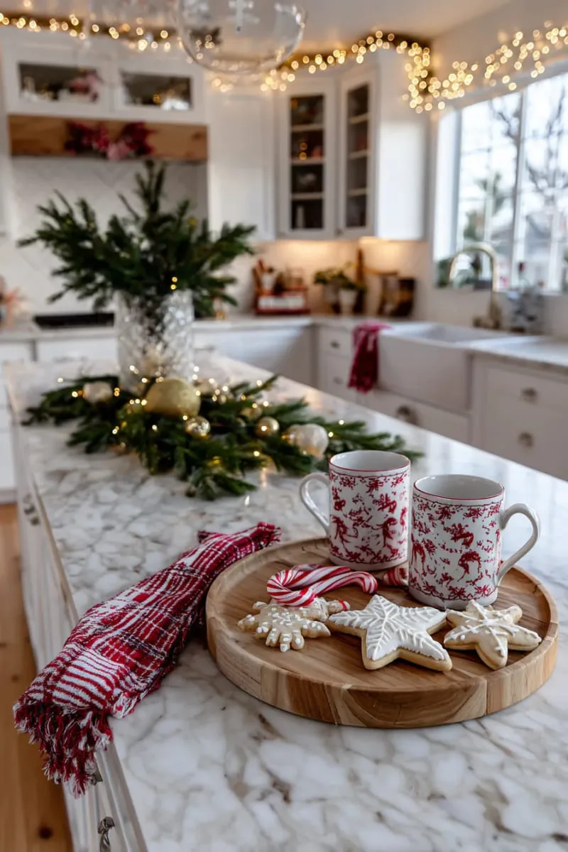 round wood tray holding gingerbread cookies, candy canes, and festive mugs 1