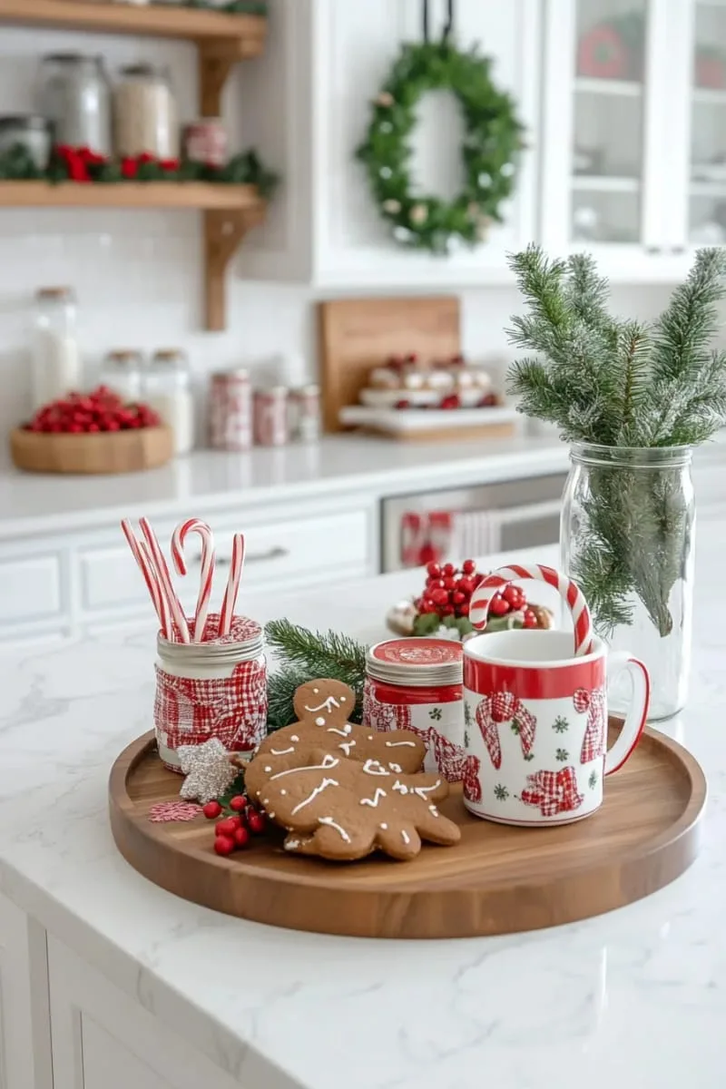 round wood tray holding gingerbread cookies, candy canes, and festive mugs 1