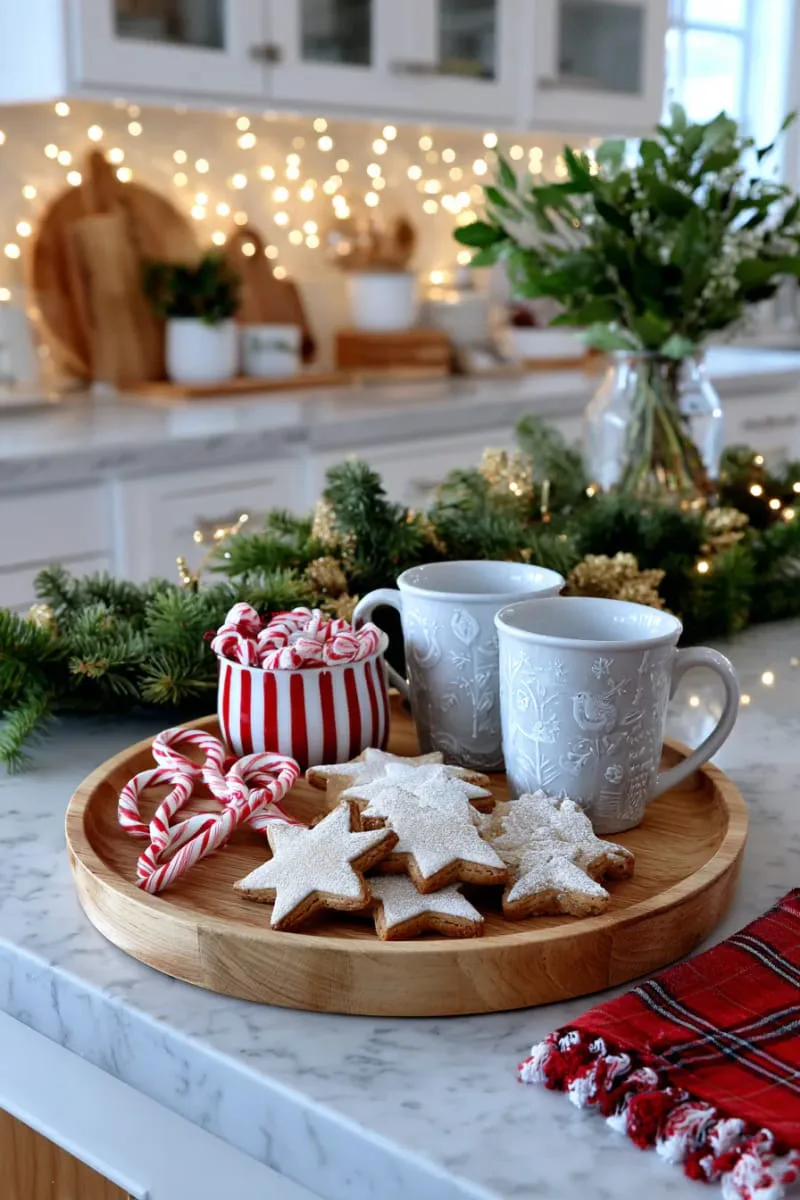round wood tray holding gingerbread cookies, candy canes, and festive mugs 1