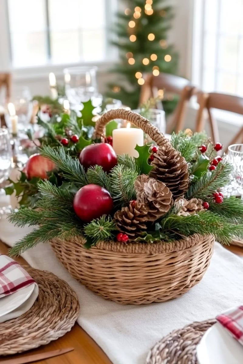 rustic basket filled with pine branches, dried hydrangeas, and apples 1