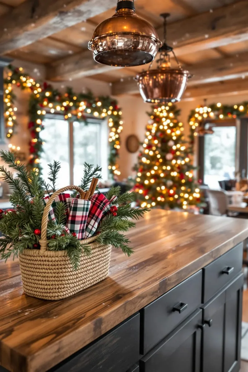 23 Christmas Countertop Decor Ideas Guests Can’t Stop Talking About 32 rustic basket filled with plaid napkins, cinnamon sticks, and evergreen sprigs 1