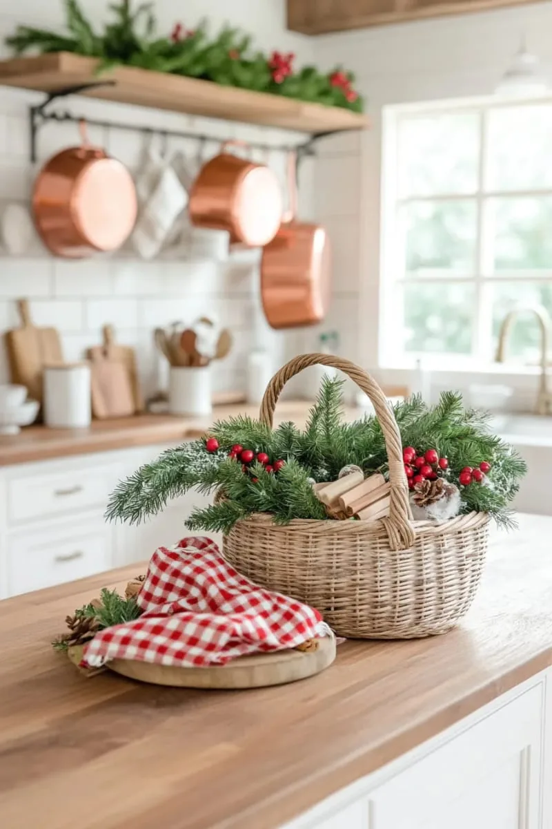 23 Christmas Countertop Decor Ideas Guests Can’t Stop Talking About 33 rustic basket filled with plaid napkins, cinnamon sticks, and evergreen sprigs 1