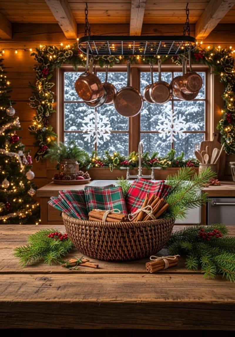 23 Christmas Countertop Decor Ideas Guests Can’t Stop Talking About 23 rustic basket filled with plaid napkins, cinnamon sticks, and evergreen sprigs 1
