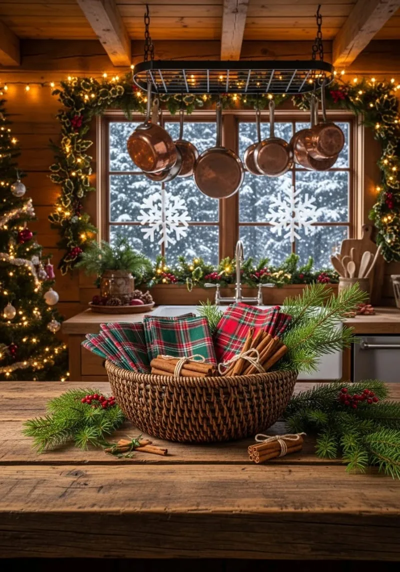 23 Christmas Countertop Decor Ideas Guests Can’t Stop Talking About 36 rustic basket filled with plaid napkins, cinnamon sticks, and evergreen sprigs 1