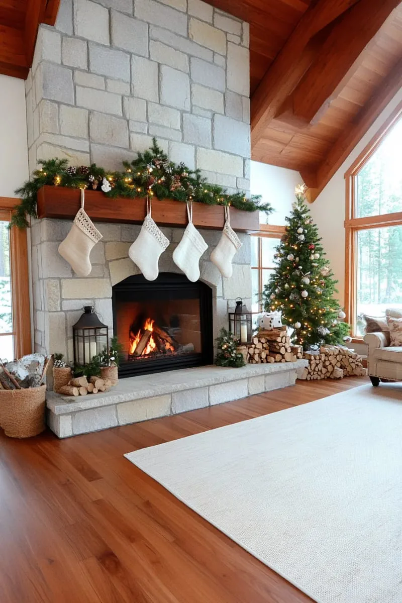 rustic burlap stockings and garland across a stone fireplace 1