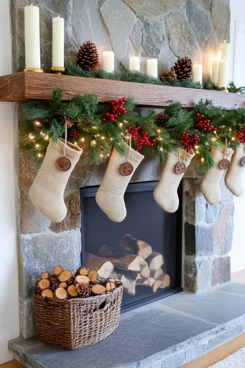 rustic burlap stockings and garland across a stone fireplace 1