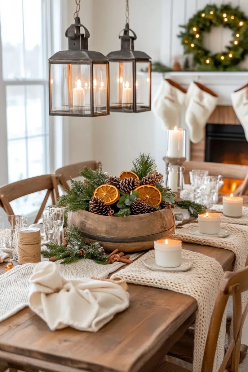 rustic dough bowl centerpiece with pinecones, oranges, and cinnamon sticks 1