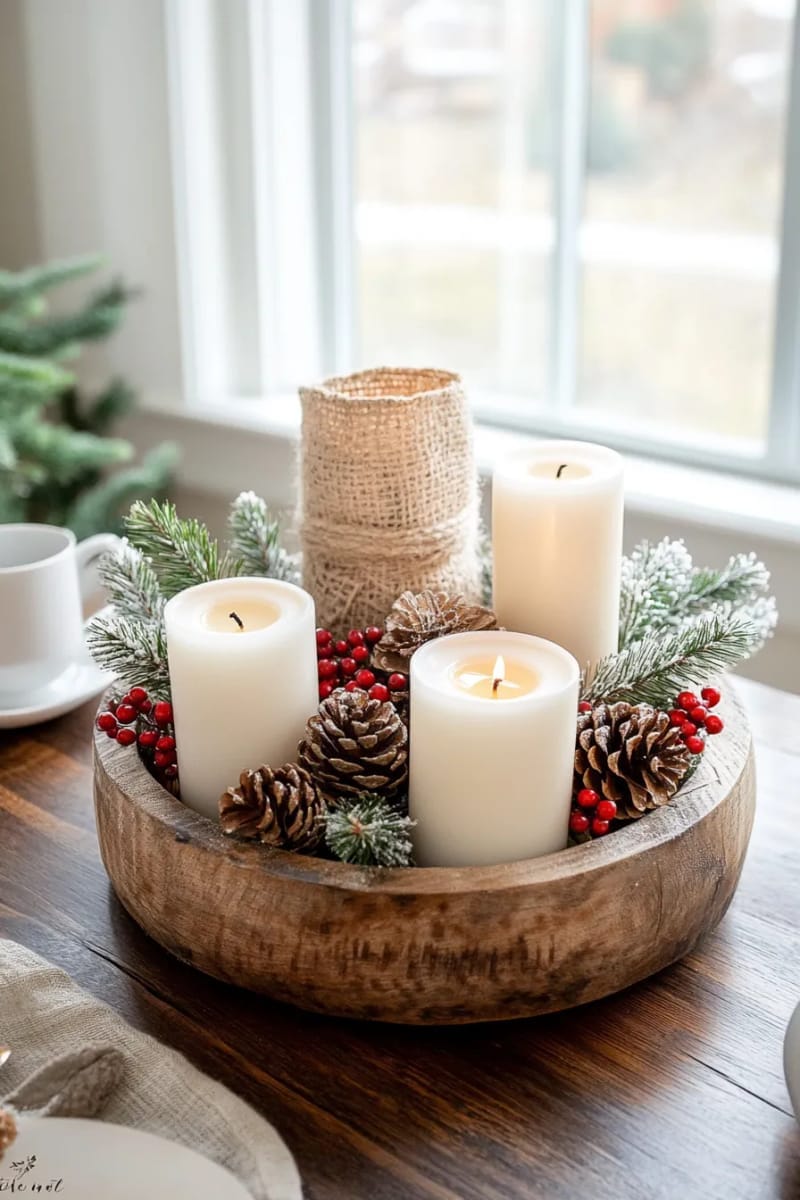 23 Christmas Table Centerpiece Ideas for a Magical Holiday Setting 28 rustic dough bowl overflowing with pinecones, candles, and berries 1
