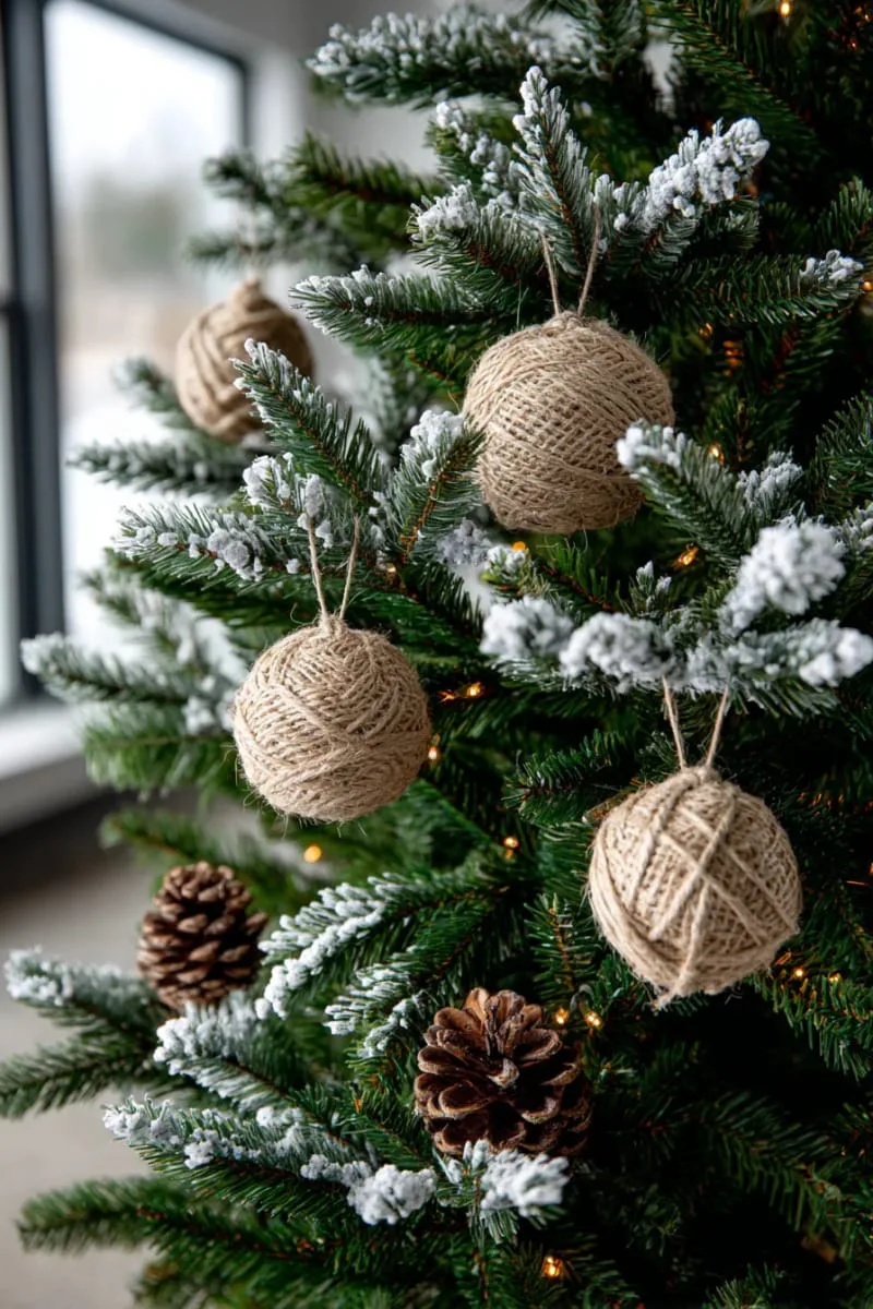rustic jute-wrapped ornaments nestled among frosted tree branches 1
