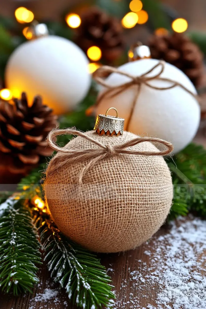 rustic jute-wrapped ornaments nestled among frosted tree branches 1