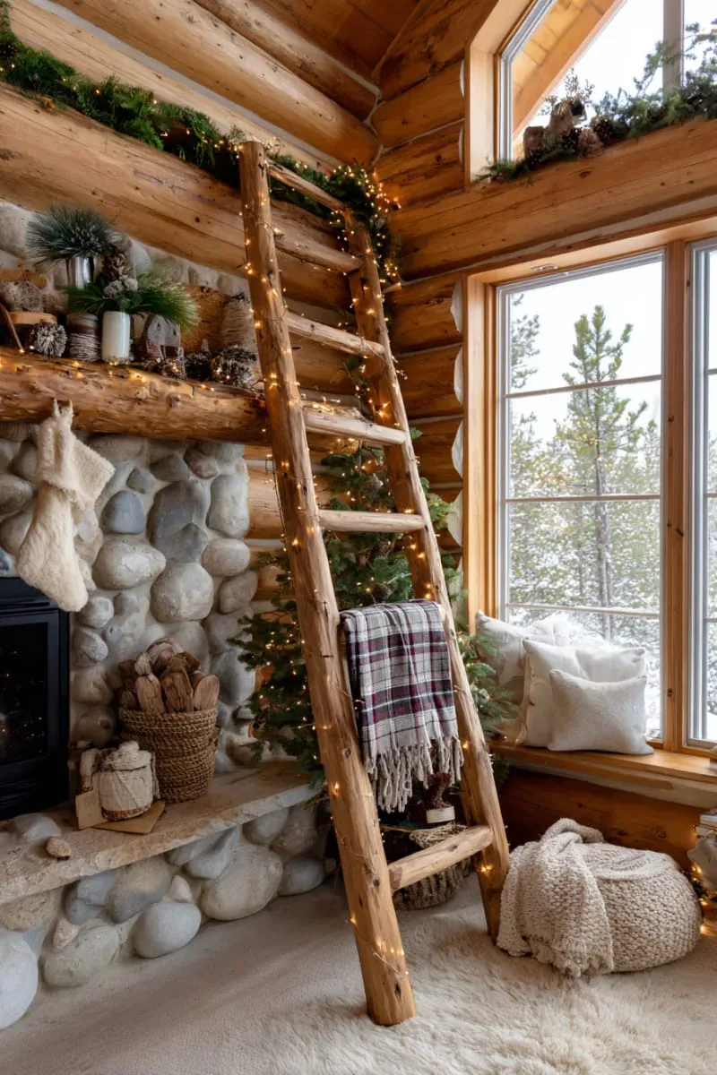 rustic ladder draped with plaid blankets and string lights 1