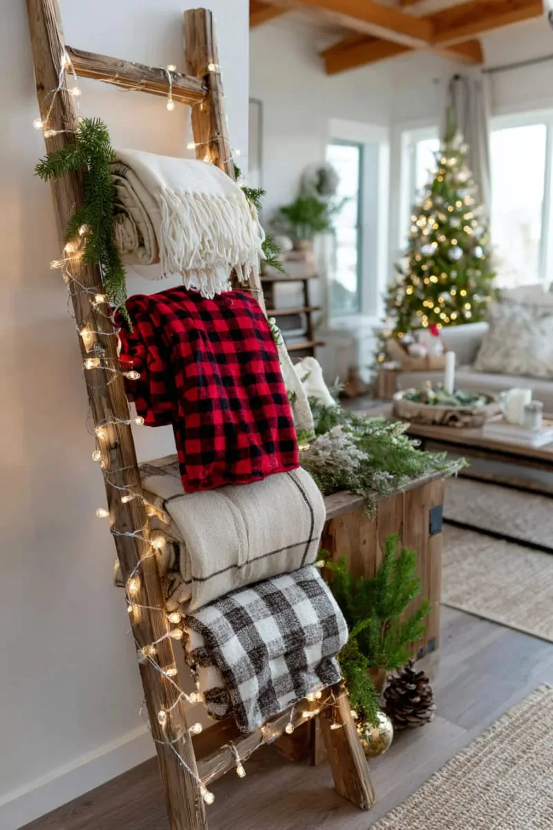 rustic ladder draped with plaid blankets and string lights 1