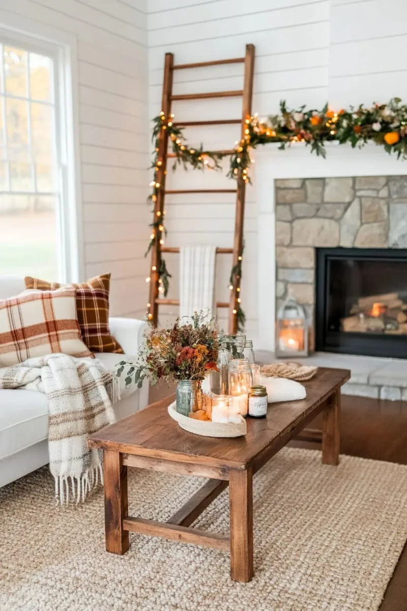 rustic ladder draped with plaid blankets and string lights 1