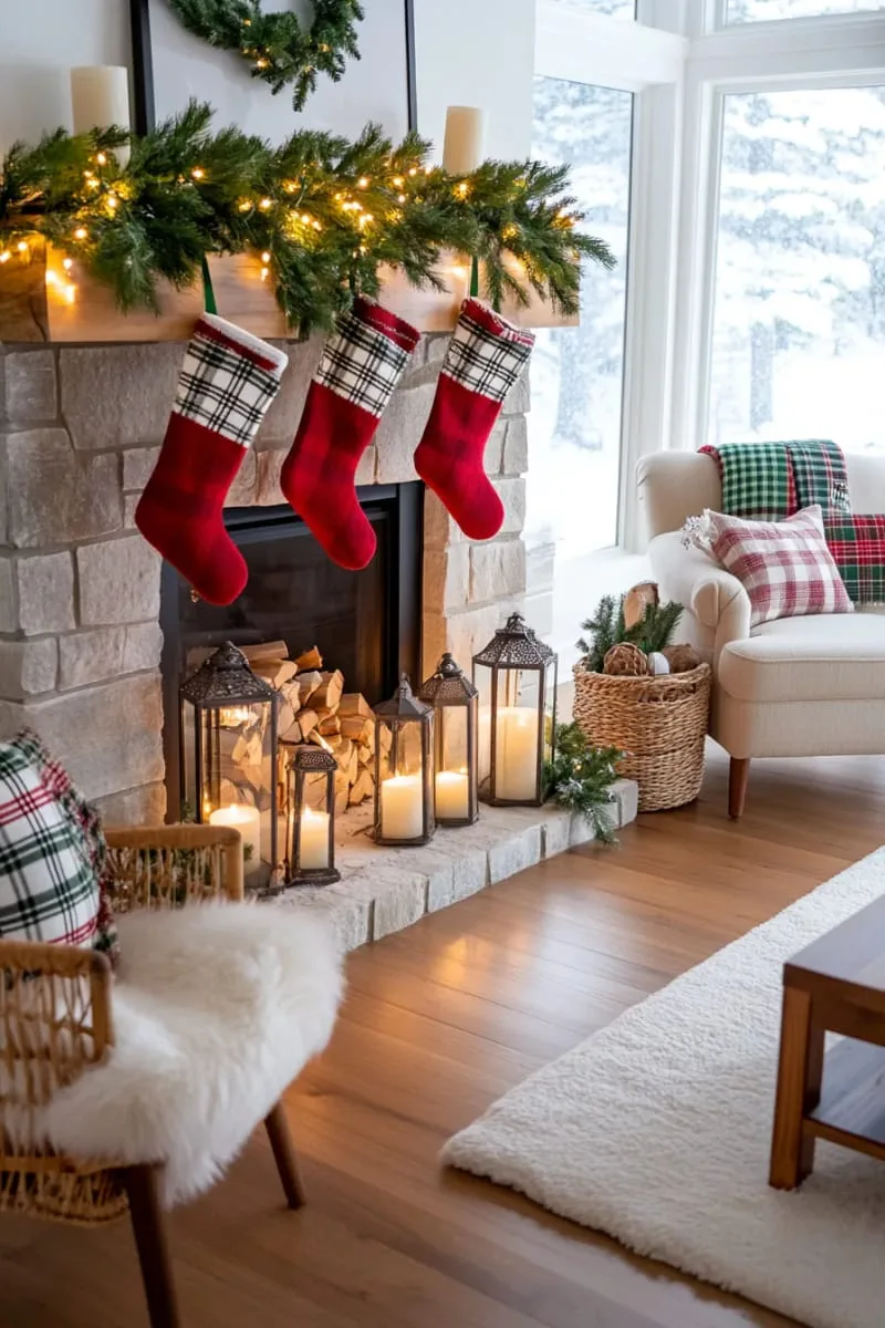rustic lanterns and birch logs with plaid stockings and pine branches 1