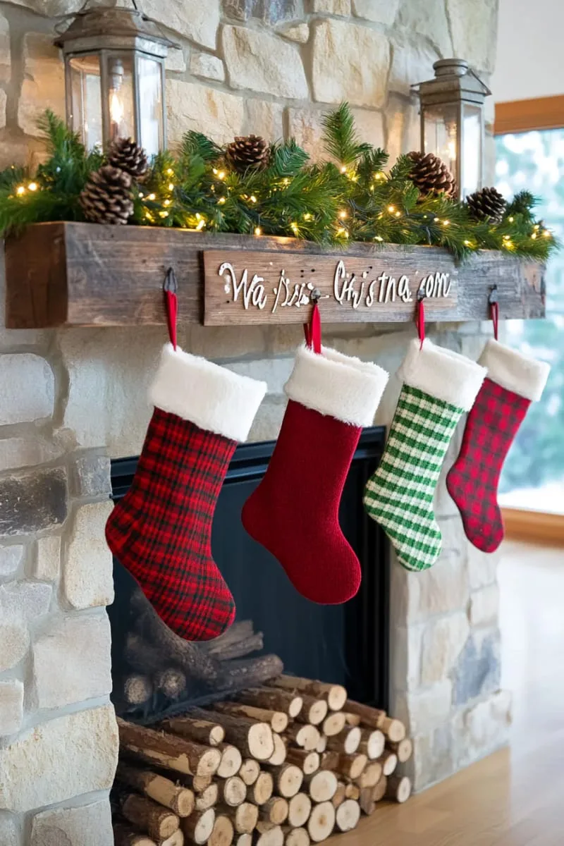 rustic lanterns and birch logs with plaid stockings and pine branches 1