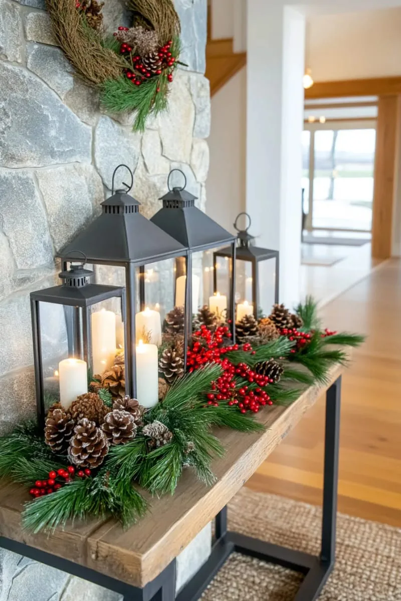 rustic lanterns filled with pine branches and fairy lights 1