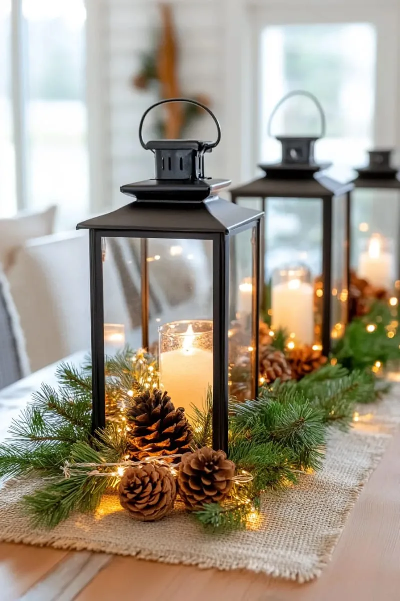 rustic lanterns filled with pine branches and fairy lights 1