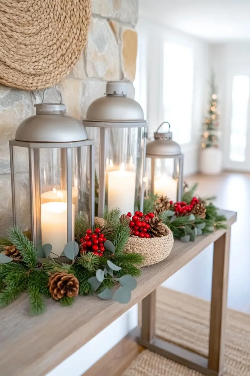 rustic lanterns filled with pine branches and fairy lights 1