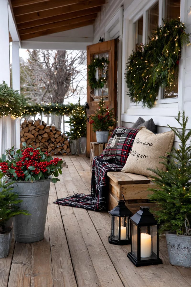 rustic metal bucket with holly branches and red berries by the entryway. 1