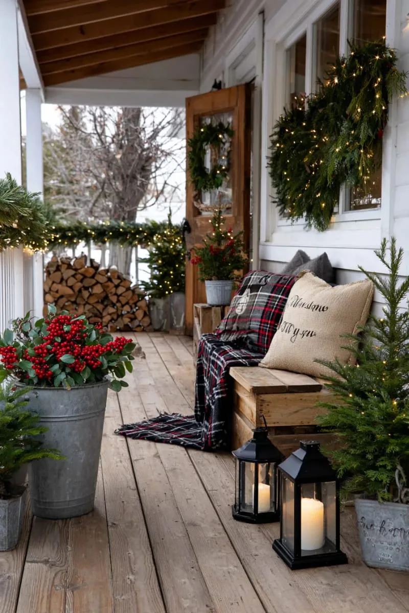 rustic metal bucket with holly branches and red berries by the entryway. 1